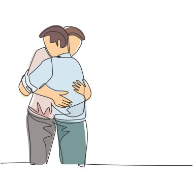 Ofisteki iş terfisini kutlamak için birbirini kucaklayan iki genç yöneticinin tek bir çizgisi. Kutlama arkadaşı selamlaması konsepti kesintisiz çizgi çizim vektör çizimi illüstrasyonuName