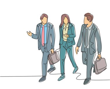 Ofis otoparkında genç erkek ve kadın yöneticilerin konuşup yürüdüğü kesintisiz bir çizgi. Şehir işçileri konsepti tek çizgi tasarım vektörü grafik çizimi