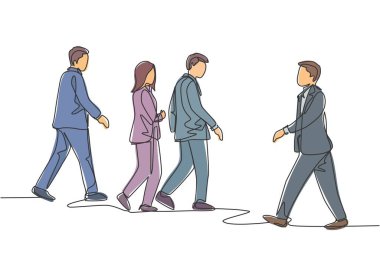 Ofise gitmek için genç iş adamları ve iş kadınlarının birlikte yürüdüğü tek bir çizgi. Şehir işçileri konsepti kesintisiz çizgi çizimi tasarım vektör çizimi