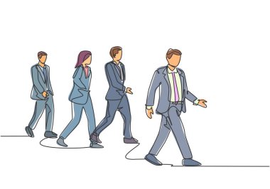 Şehir caddesinde yürüyen grup erkek ve kadın banliyö sakinlerinin kesintisiz bir çizimi ofise gidiyor. Kentsel banliyö işçileri konsepti tek çizgi tasarım vektörü çizimi illüstrasyonu