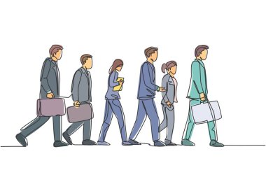 Şehir yolunda her gün yürüyen grup erkek ve kadın banliyö sakinlerinin kesintisiz bir çizimi ofise gidiyor. Kentsel banliyö işçileri konsepti tek çizgi tasarım vektörü çizimi illüstrasyonu