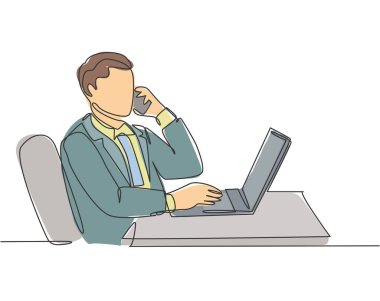 Genç bir erkek şirket müdürünün ofisteki ekip üyesine kısa bir telefon konuşması yaptığı tek bir çizim. İş konuşması konsepti sürekli çizgi çizimi tasarım vektörü illüstrasyonu