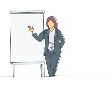 Genç iş kadınlarının işçilere yeni altın kurallar sunduğu tek bir çizgi. Etkin eğitim sunumu konsepti sürekli çizgi çizimi grafik tasarım vektörü illüstrasyonu