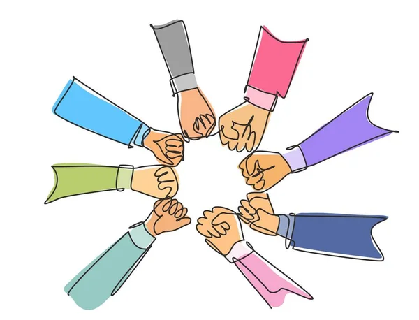 Eine Durchgehende Zeichengruppe Junger Geschäftsleute Vereint Ihre Hände Einem Kreis — Stockvektor
