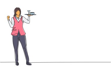 Tek sıra çizen garson, kutlama jestiyle ayağa kalktı ve restoran misafirlerine ikram etmek için bir tepsi içki bardağı getirdi. Başarı işi. Aralıksız çizgi çizimi tasarım grafik vektör çizimi