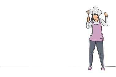 Tek sıra çizen kadın şef, en iyi yemekleri pişirmek için kaşık ve önlük takarak kutlama jestleriyle ayakta duruyor. Aralıksız çizgi çizimi tasarım grafik vektör çizimi