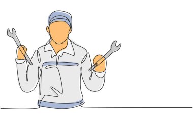 Tekli çizim teknikeri kutlama jesti ve ingiliz anahtarı garajdaki bozuk araba motorunu tamir etmek için çalışıyor. Başarı işi. Modern sürekli çizgi çizimi tasarım grafik vektör çizimi