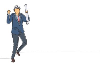 Tek çizgi çizen mimar, kutlama jestinin yanında durdu ve miğfer takarak binanın çalışma planının planını taşıyordu. Başarı işi. Aralıksız çizgi çizimi tasarım grafik vektör çizimi