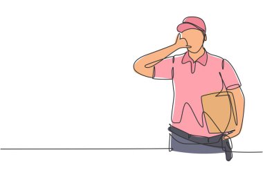 Bana jest diyen, paket kutusunu en iyi hizmeti veren müşterilere teslim etmek için tek sıra halinde teslimatçı. Dinamik bir çizgi çizer grafik tasarım vektörü çizer