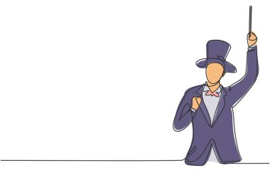 Şapka takıp, sihir çubuğu tutarak televizyon şovunda izleyicileri eğlendirmeye hazır tek sıra halinde bir sihirbaz çiziyor. Bir çizgi çizimi grafik tasarım vektör çizimi