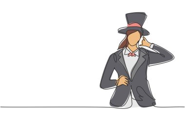 Bana jest diyen, şapkalı ve sihirli üniformalı bir kadın sihirbaz televizyon şovunda seyirciyi eğlendirmeye hazır. Tek çizgi çizimi tasarım vektörü grafik çizimi