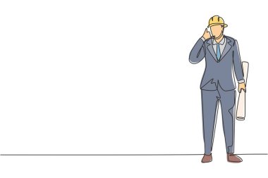 Tek çizgi çizen mimar bana jest diyor ve miğfer takıyor. Binanın çalışma planını taşıyor. Başarılı bir iş. Aralıksız çizgi çizimi tasarım grafik vektör çizimi