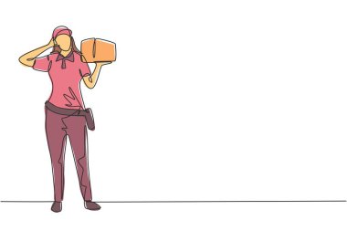Tek sıra halinde teslimatçı kadın, müşterilerin sipariş ettiği paket kutusunu güvenli bir şekilde taşımak için bana Jest deyin. Dinamik bir çizgi çizer grafik tasarım vektörü çizer