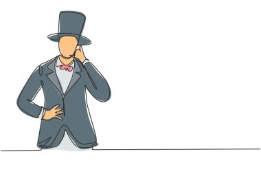 Devamlı bir çizgi, bana jest diyen bir sihirbaz, şapka takıyor ve televizyon şovunda izleyicileri eğlendirmeye hazır sihirli bir çubuk tutuyor. Tek çizgi çizimi tasarım vektörü grafik çizimi