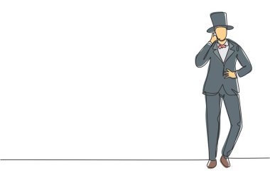Devamlı bir çizgi çizen sihirbaz bana şapka takıp, sihirli değnek tutarak sirk gösterilerinde bana jest diyor. Başarı gösterisi. Tek çizgi çizimi tasarım vektörü grafik çizimi