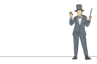 Sihirbazın durmaksızın yaptığı hareketler şapka takıp, sihirli değnek tutarak sirk gösterilerinde numaralar sergilemesini onaylıyor. Başarı işi. Tek çizgi çizimi tasarım vektörü grafik çizimi