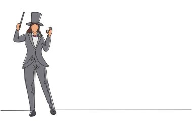 Tek sıra halinde kadın sihirbaz, jest yaparak duruyor. Şapka takıp, sihirli değnek tutarak sirk gösterisinde numaralar yapıyor. Dinamik bir çizgi çizer grafik tasarım vektörü çizer