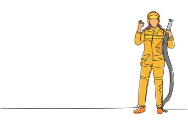 Tek sıra halinde, itfaiyeciler miğfer ve üniforma giyip binadaki yangını söndürmeye çalışıyordu. Modern sürekli çizgi çizimi tasarım grafik vektör çizimi