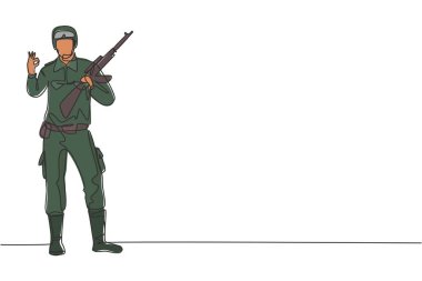 Tek sıra halinde asker, silahlı, üniformalı ve askeri güçlerle ülkeye hizmet eden biri. Dinamik bir çizgi çizer grafik tasarım vektörü çizer