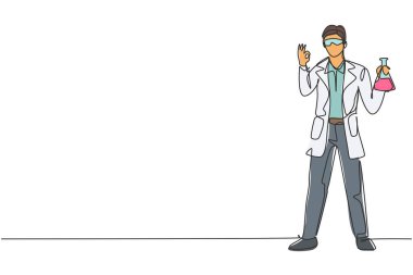 Bilim adamının tek çizgi çizimi jestle tamam ve elinde kimyasal sıvıyla dolu bir ölçüm tüpü tutuyor. Başarı işi. Modern sürekli çizgi çizimi tasarım grafik vektör çizimi