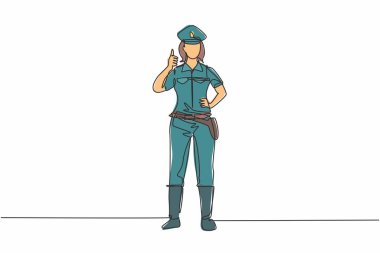 Kesintisiz bir çizgiden sonra, polis memuru baş parmağıyla ayakta duruyor ve üniformalı bir şekilde otoyoldaki araç trafiğini kontrol etmeye çalışıyor. Tek çizgi çizimi tasarım vektörü grafik çizimi