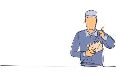 Tek bir çizgi halinde, postacının şapka ve üniforma giyip baş parmak işareti yaptığı bir resim, zarfı evlere teslimat için tutuyor. Modern sürekli çizgi çizimi tasarım grafik vektör çizimi.