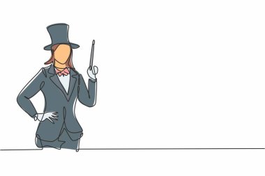 Elleri kalçasında sihirli değnek tutan genç kadın sihirbazın sürekli çizdiği tek çizgi. Profesyonel iş mesleği. Minimalizm konsepti bir çizgi grafik tasarım vektörü illüstrasyonu