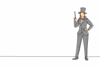 Tek sıra halinde, genç ve güzel kadın sihirbaz elleri kalçasında sihirli değnek tutuyor. Profesyonel iş mesleği. Minimalizm konsepti bir çizgi grafik tasarım vektörü illüstrasyonu