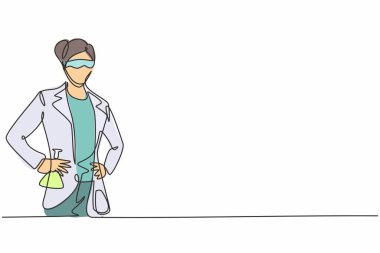 Genç kadın bilim adamının cep şişesini tutarken çizdiği tek çizgi. Profesyonel iş mesleği. Minimalizm konsepti bir çizgi grafik tasarım vektörü illüstrasyonu