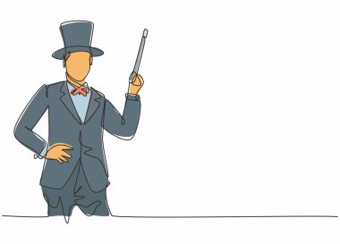 Sihirli değneği elinde tutan genç erkek sihirbazın çizdiği tek çizgi. Profesyonel iş mesleği ve mesleğin asgari konsepti. Aralıksız çizgi çizimi tasarım grafik vektör çizimi
