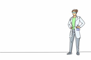 Ayakta duran ve el ele tutuşan genç kadın bilim adamının durmaksızın çizdiği tek çizgi. Profesyonel iş mesleği. Minimalizm konsepti bir çizgi grafik tasarım vektörü illüstrasyonu