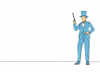 Takım elbiseli genç erkek sihirbazın sahnede sihirbazlık numarası yaptığı tek sıra çizimi. Profesyonel iş mesleği. Minimalizm konsepti bir çizgi grafik tasarım vektörü illüstrasyonu