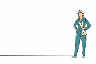 Elleri kalçasında taslak kağıt tutan genç bir kadın mimarın sürekli çizimi. Profesyonel meslek asgari konsepti. Tek çizgi çizimi tasarım vektörü grafik çizimi