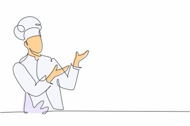 Üniformalı genç ve dost canlısı şefin tek sıra çizimi ekranda menüye servis yapıyor. Çevrimiçi gıda restoranı afişi bir çizgi tasarım vektörü resimleme