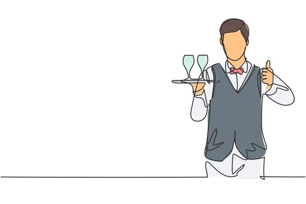 在自助餐厅里 单个连续排队的服务员举起大拇指 端来一盘为客人服务的酒杯 动态单行绘图图形设计矢量插图 — 图库矢量图片