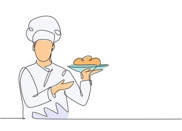 连续一行画的年轻有吸引力的男性厨师拿着主菜盘 随时为顾客服务 良好的再服务概念单线绘图图形设计矢量插图 — 图库矢量图片