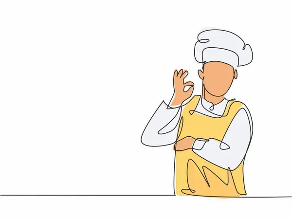 一位年轻的男厨师随随便便地画了一张线条 同时做了一个精美的食物味觉动作 具有白色背景的餐厅横幅概念单行绘图设计矢量图 — 图库矢量图片