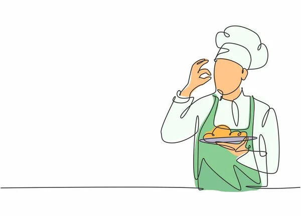单行画年轻迷人的男厨师 对他提供的美味佳肴做出极好的味觉姿势 饭店餐厅时尚单线画图矢量简约主义 — 图库矢量图片