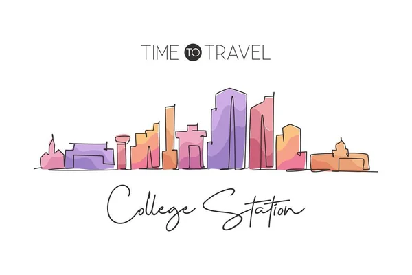 Einzelne Durchgehende Linienzeichnung Der College Station Skyline Texas Berühmte Stadtkratzerlandschaft — Stockvektor