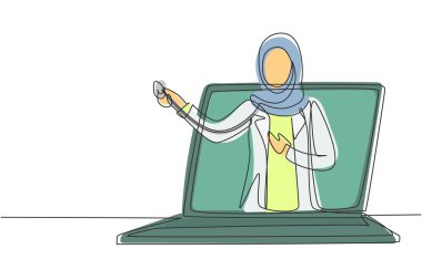 Sürekli tesettürlü bir kadın doktor stetoskop tutarak dizüstü bilgisayardan çıkıyor. Çevrimiçi tıbbi hizmetler, tıbbi danışmanlık. Tek çizgi çizimi tasarım vektörü grafik çizimi