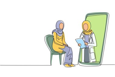 Sürekli bir çizgi, elinde dosya tutan tesettürlü kadın doktor sandalyede oturan Arap kadın hastaların durumunu kontrol ediyor. Online danışmanlık. Tek çizgi çizimi tasarım vektörü grafik çizimi