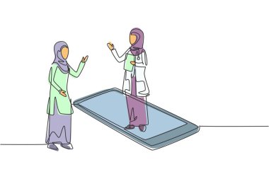 Tek sıra halinde, tesettürlü kadın doktor ayakta duran kadın hastasının önünde dikiliyor. Çevrimiçi tıbbi hizmetler. Modern sürekli çizgi çizimi tasarım grafik vektör çizimi