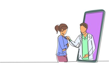 Tek sıra halinde, erkek doktor akıllı telefon ekranından çıkıyor ve kadın hastanın kalp atışlarını stetoskop kullanarak kontrol ediyor. Çevrimiçi doktor. Bir çizgi çizimi grafik tasarım vektör çizimi
