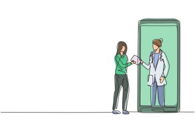 Tek sıra halinde, erkek hasta akıllı telefondaki erkek doktordan reçete alıyor. Çevrimiçi tıbbi danışmanlık ve hizmet kavramı. Tek çizgi çizimi tasarım vektörü grafik çizimi