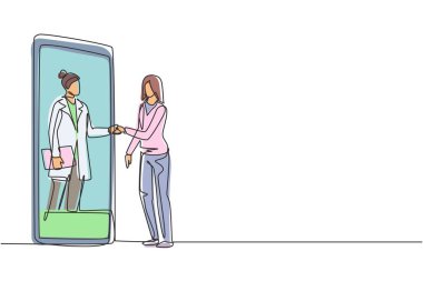 Aralıksız tek sıra halinde, akıllı telefon panosundaki kadın doktorla el sıkışan hasta. Online tıbbi danışmanlık konsepti. Bir çizgi çizimi grafik tasarım vektör çizimi