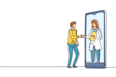 Tek sıra halinde tek sıra halinde erkek hasta akıllı telefon panosunda kadın doktorla el sıkışıyor. Online tıbbi danışmanlık konsepti. Aralıksız çizgi çizimi tasarım grafik vektör çizimi