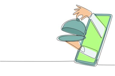 Tek sıra halinde akıllı telefon ekranından yemek servisi için tepsiyi açarak eller dışarı. Dijital olarak yemek sipariş et. Çevrimiçi dağıtım hizmeti kavramı. Bir çizgi çizimi grafik tasarım vektör çizimi