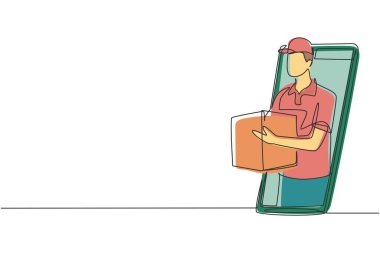 Erkek kuryenin çizdiği tek çizgi, akıllı telefon ekranından kutu paketi teslim ediyor. E-ticaret. Çevrimiçi dağıtım servisi. Hızlı teslimat konsepti. Tek çizgi çizimi tasarım vektör çizimi