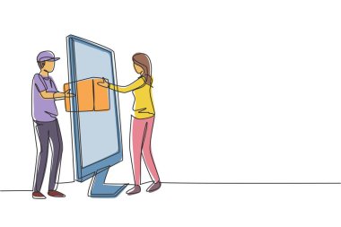 Tek sıra halinde erkek kurye, monitör ekranından kadın müşteriye kutu teslim eder. Çevrimiçi dağıtım hizmeti kavramı. Dinamik bir çizgi çizer grafik tasarım vektörü çizer