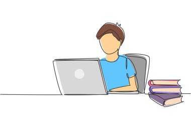 Dizüstü bilgisayar ve kitap yığınıyla çalışan tek sıra çizen kız. Okula geri dönmek, zeki öğrenci, online eğitim konsepti. Dinamik bir çizgi çizer grafik tasarım vektörü çizer